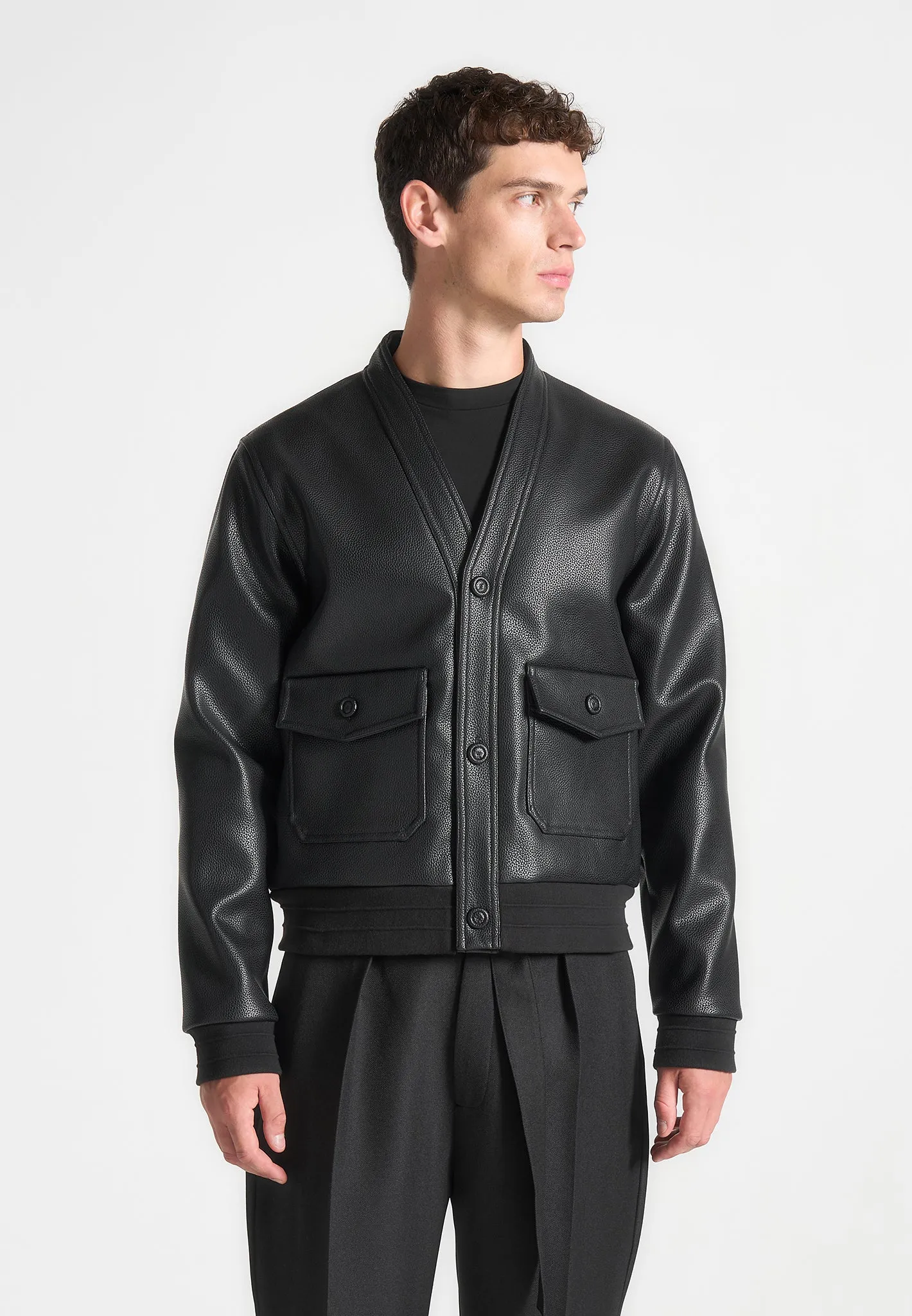 Pebbled Leather Cardigan - Black sold by Maniere De Voir