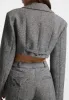 Herringbone Wide Shoulder Cropped Blazer - Grey sold by Maniere De Voir