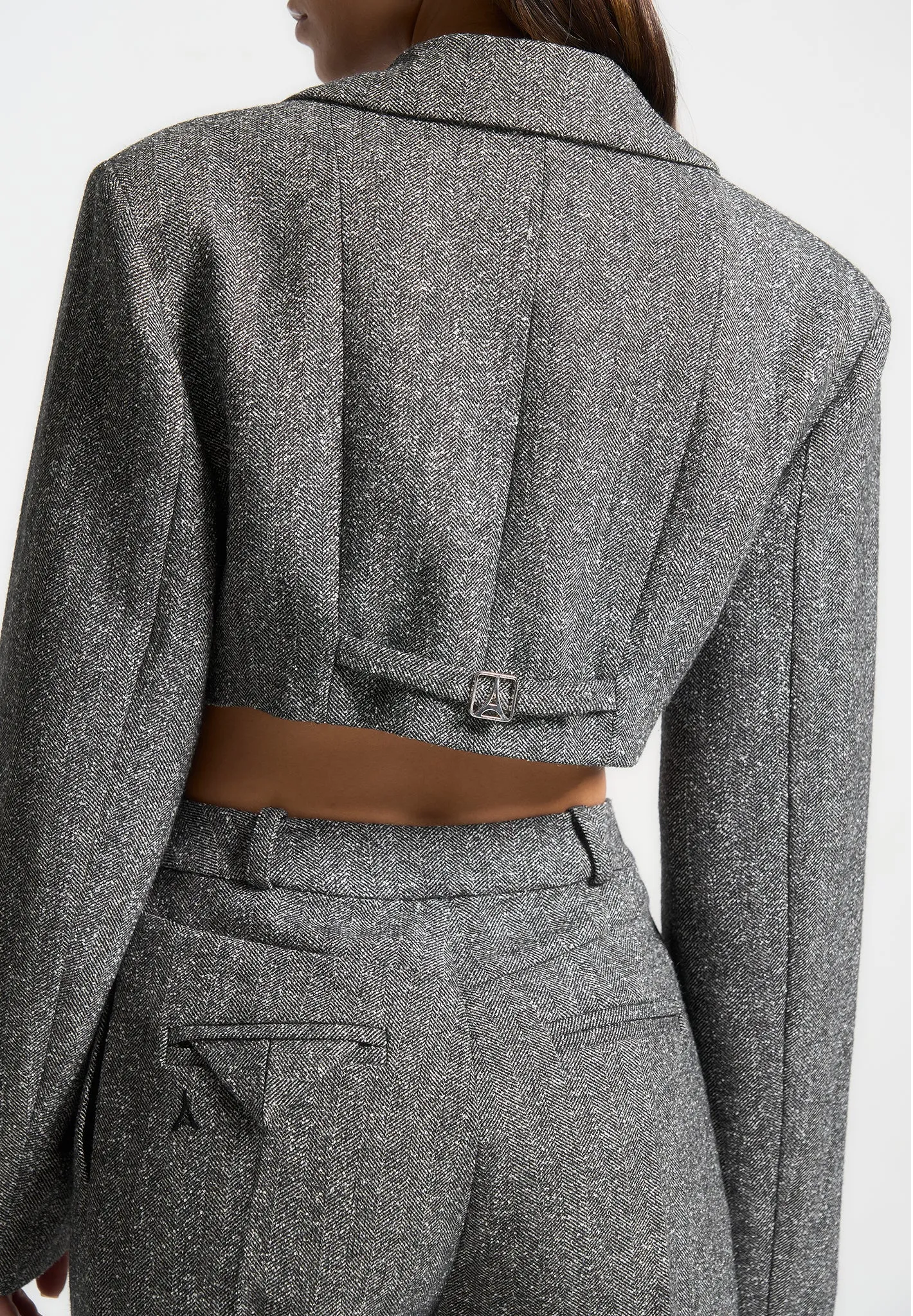 Herringbone Wide Shoulder Cropped Blazer - Grey sold by Maniere De Voir product image thumbnail 2