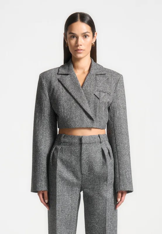 Herringbone Wide Shoulder Cropped Blazer - Grey sold by Maniere De Voir