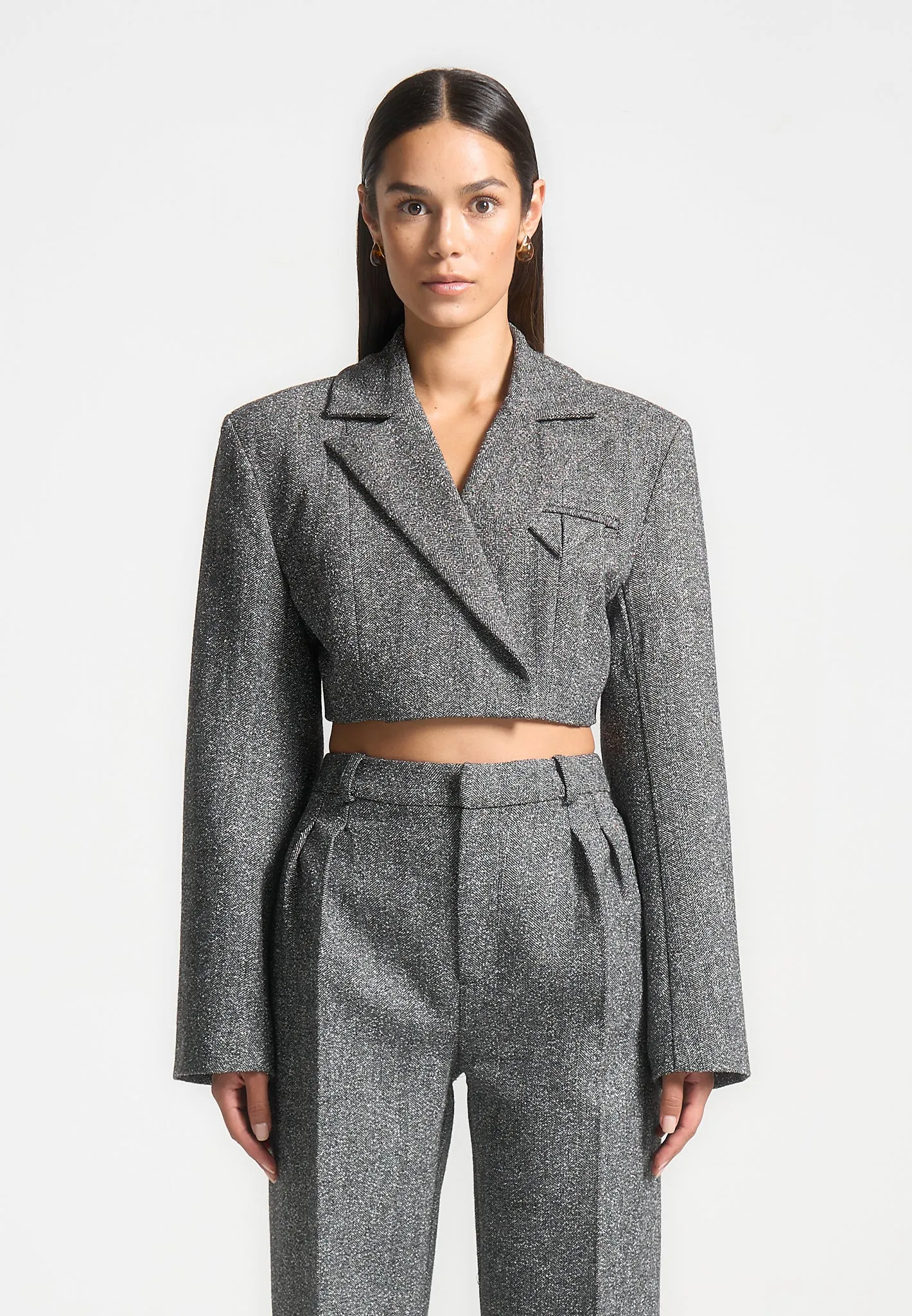 Herringbone Wide Shoulder Cropped Blazer - Grey sold by Maniere De Voir