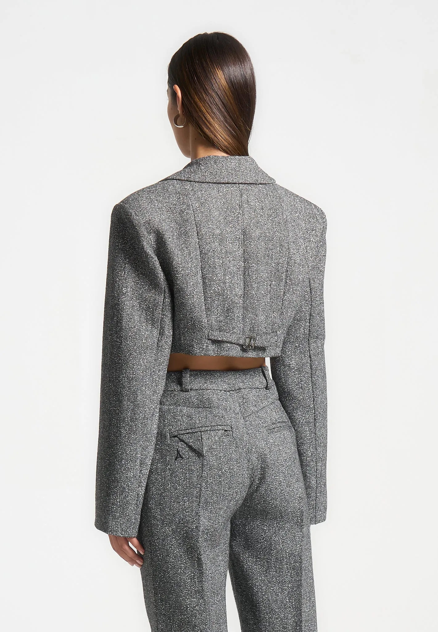 Herringbone Wide Shoulder Cropped Blazer - Grey sold by Maniere De Voir product image thumbnail 4