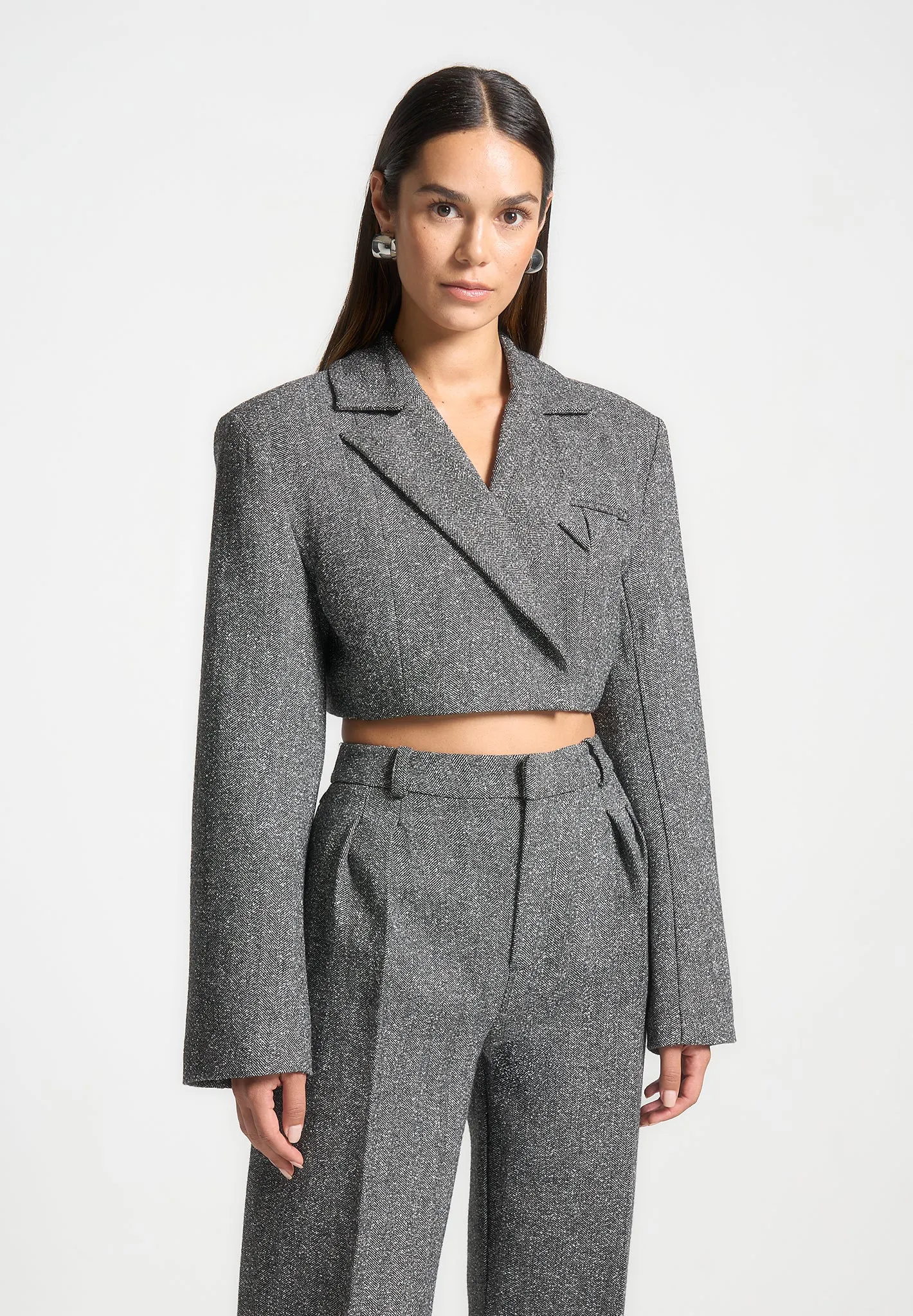 Herringbone Wide Shoulder Cropped Blazer - Grey sold by Maniere De Voir product image thumbnail 5