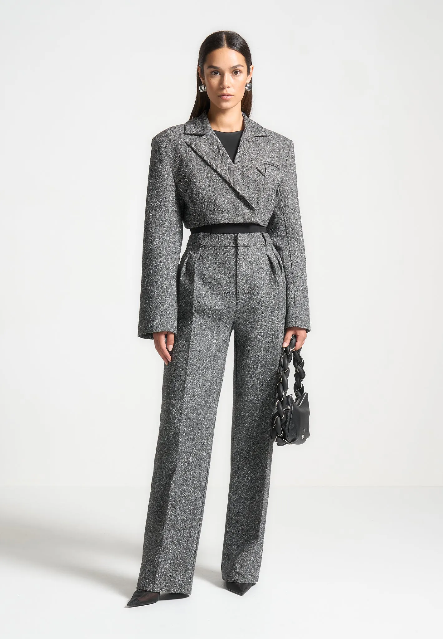 Herringbone Wide Shoulder Cropped Blazer - Grey sold by Maniere De Voir product image thumbnail 3