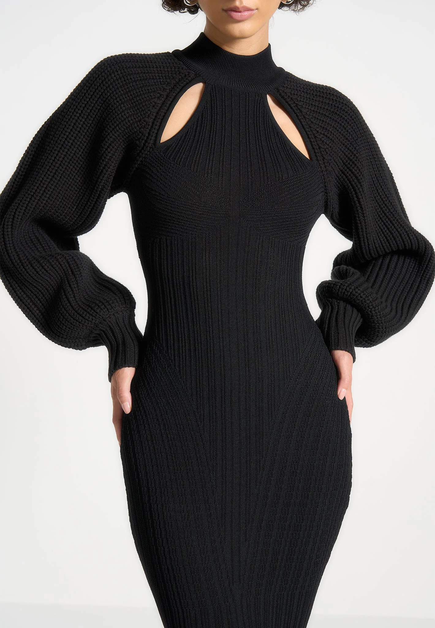 Balloon Sleeve Knitted Contour Maxi Dress - Black sold by Maniere De Voir product image thumbnail 2