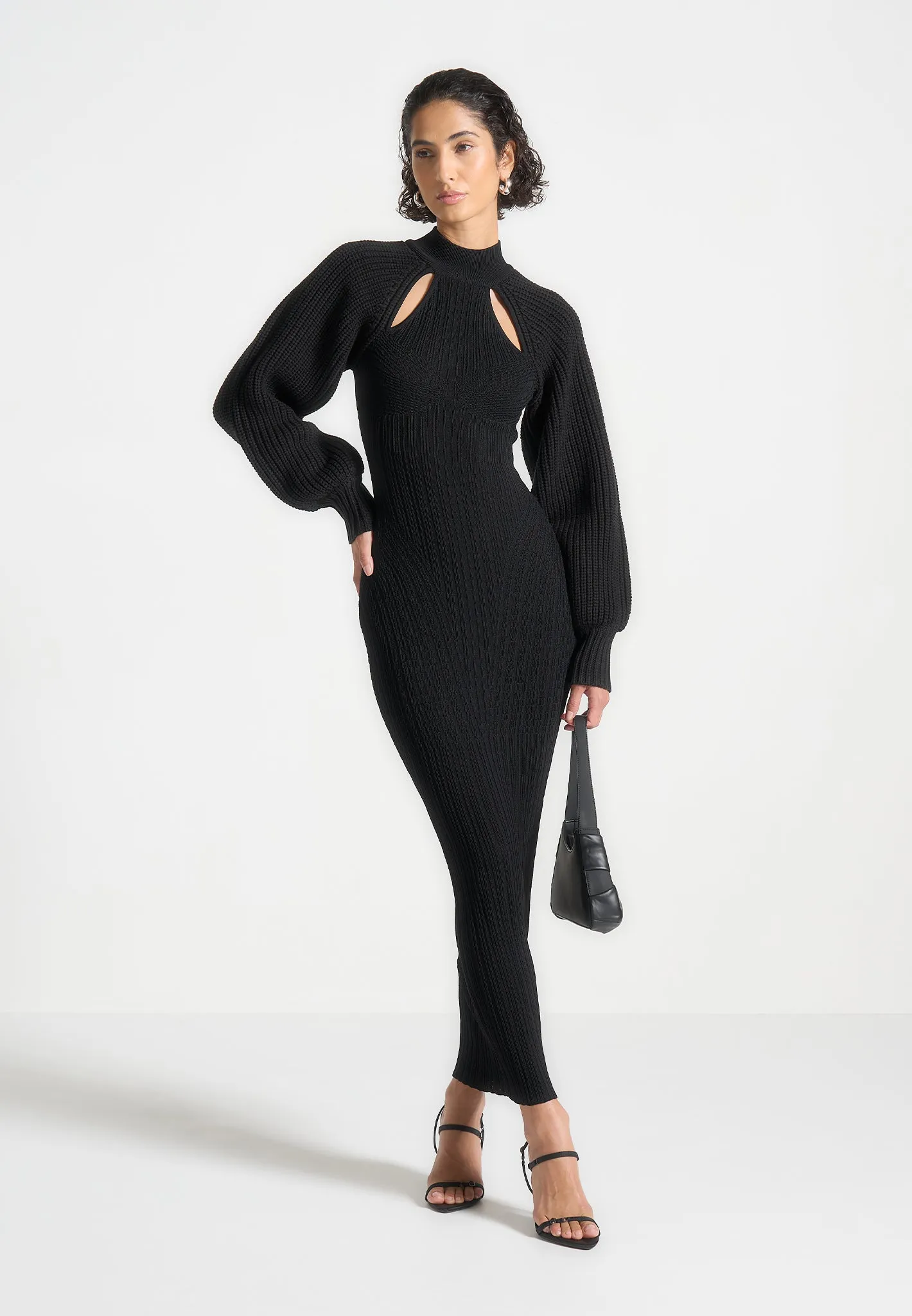 Balloon Sleeve Knitted Contour Maxi Dress - Black sold by Maniere De Voir