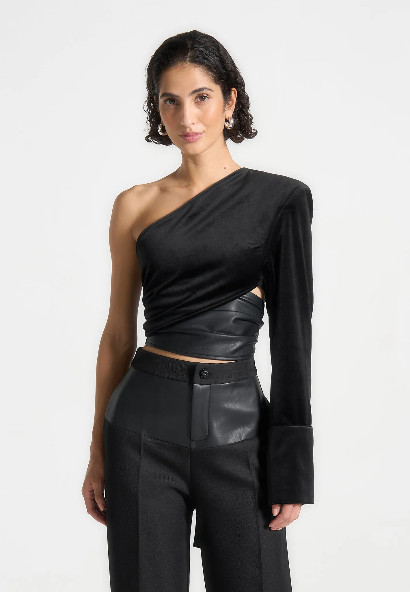 Coralie - One Sleeve Velour Wrap Top - Black sold by Maniere De Voir