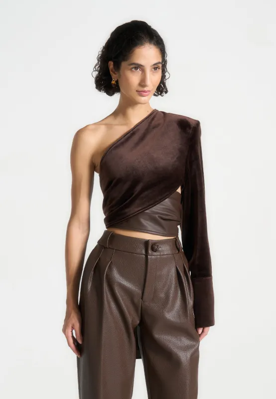 Coralie - One Sleeve Velour Wrap Top - Brown sold by Maniere De Voir