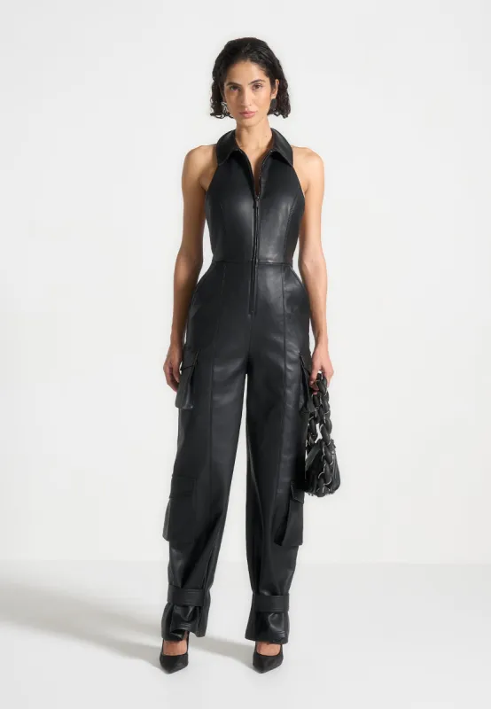Leather Halterneck Cargo Jumpsuit - Black sold by Maniere De Voir