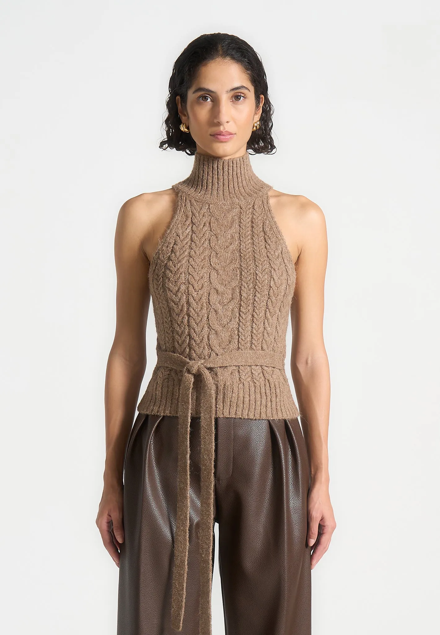 Halter Cable Knit Wool Top with Tie - Taupe sold by Maniere De Voir product image thumbnail 4