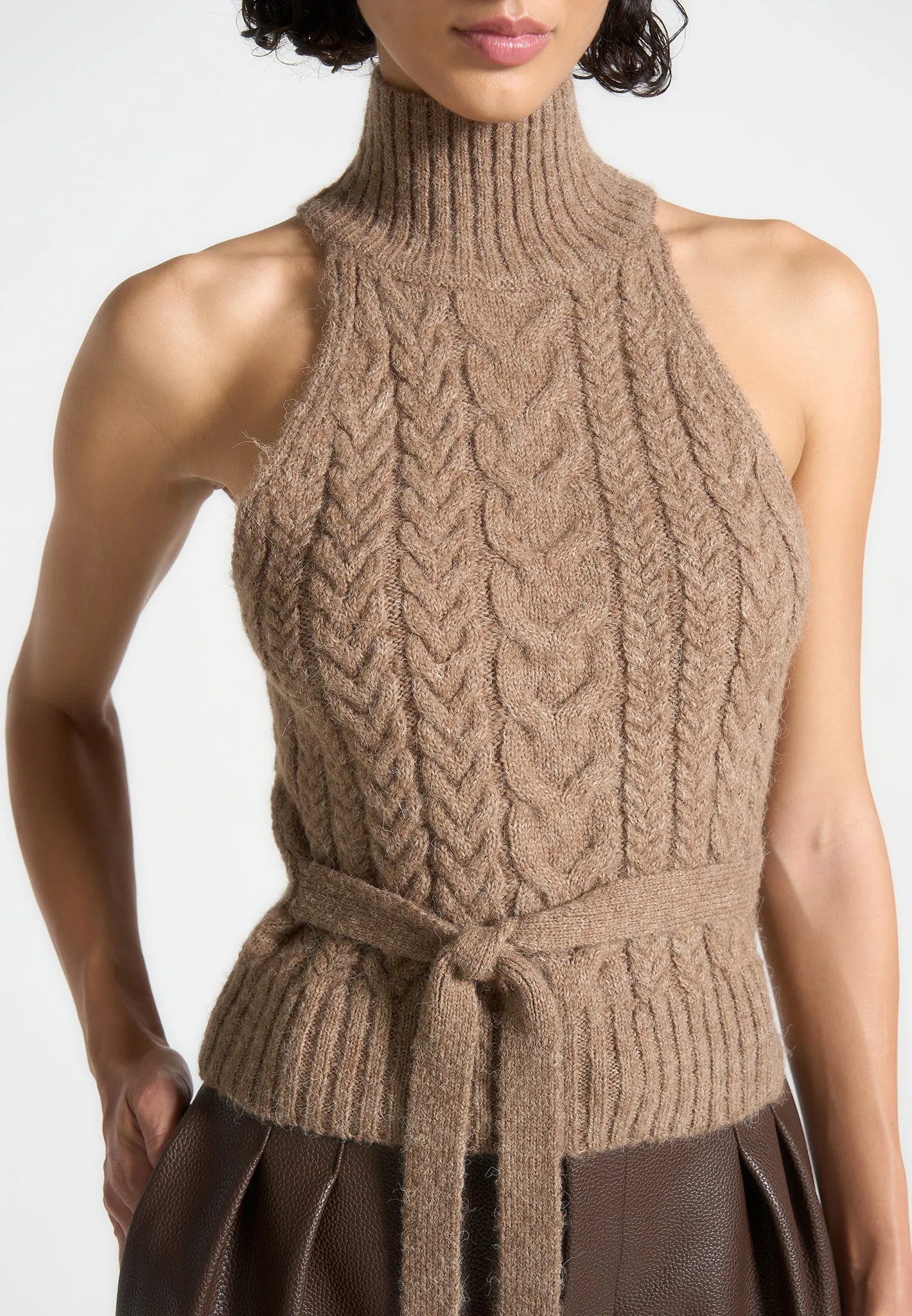 Halter Cable Knit Wool Top with Tie - Taupe sold by Maniere De Voir