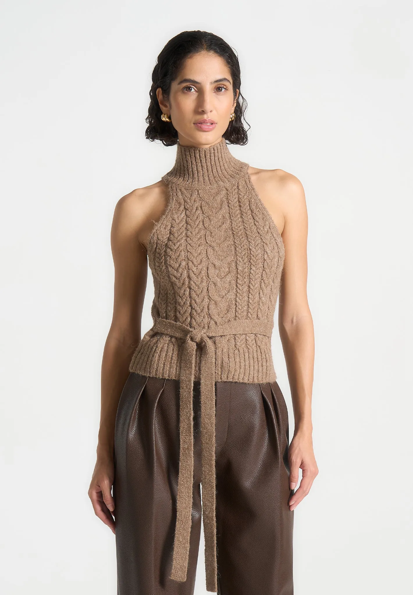 Halter Cable Knit Wool Top with Tie - Taupe sold by Maniere De Voir product image thumbnail 2