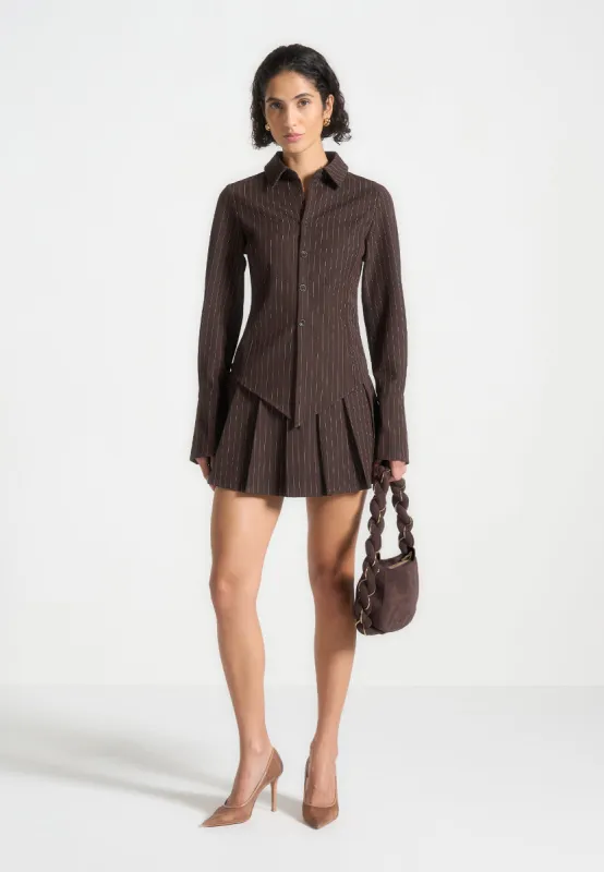 Rina - Pinstripe Pleated Skort - Brown sold by Maniere De Voir