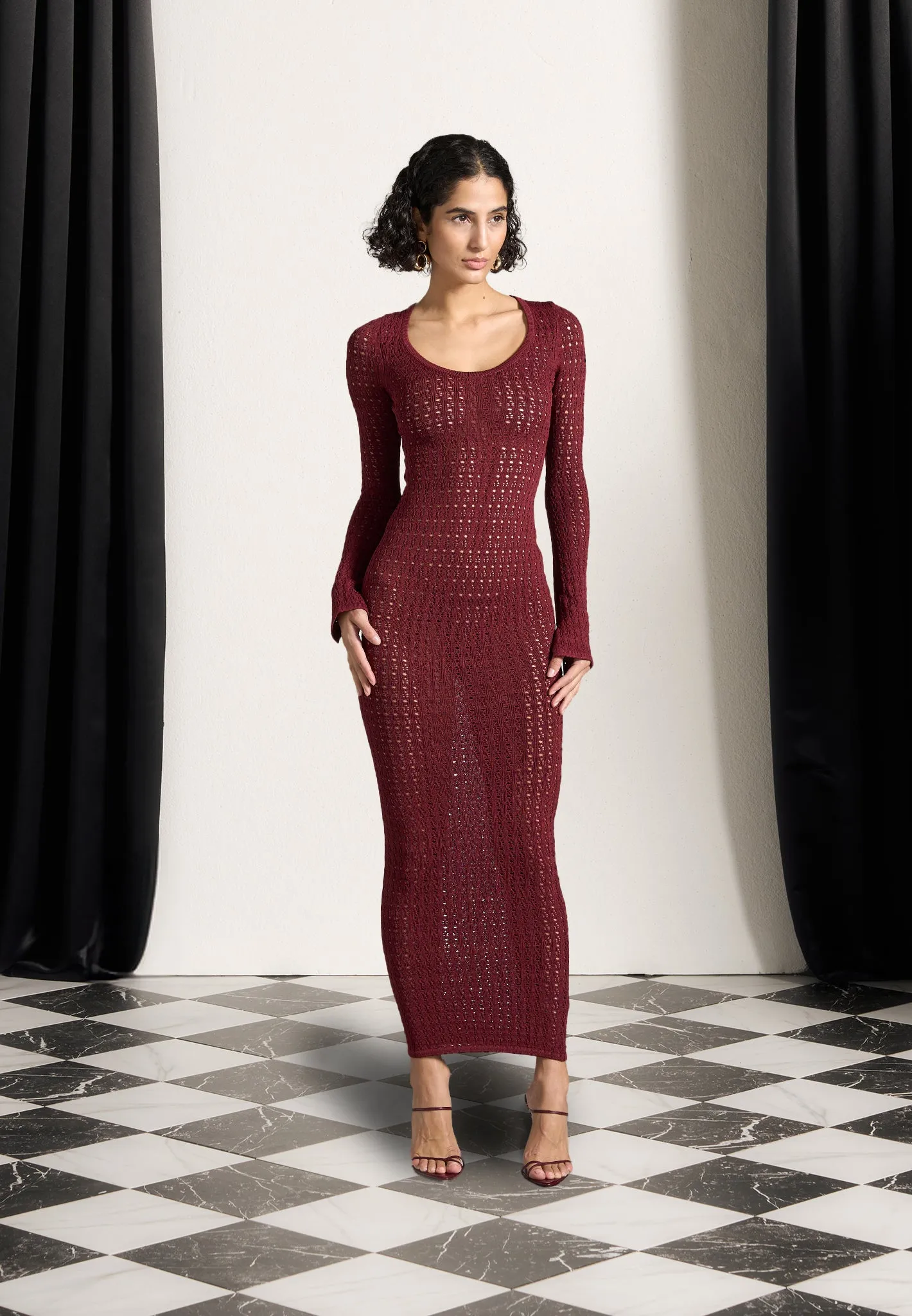 Knitted Scoop Neck Maxi Dress - Wine Red sold by Maniere De Voir product image thumbnail 5