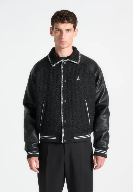 Tweed & Leather Varsity Jacket - Black sold by Maniere De Voir