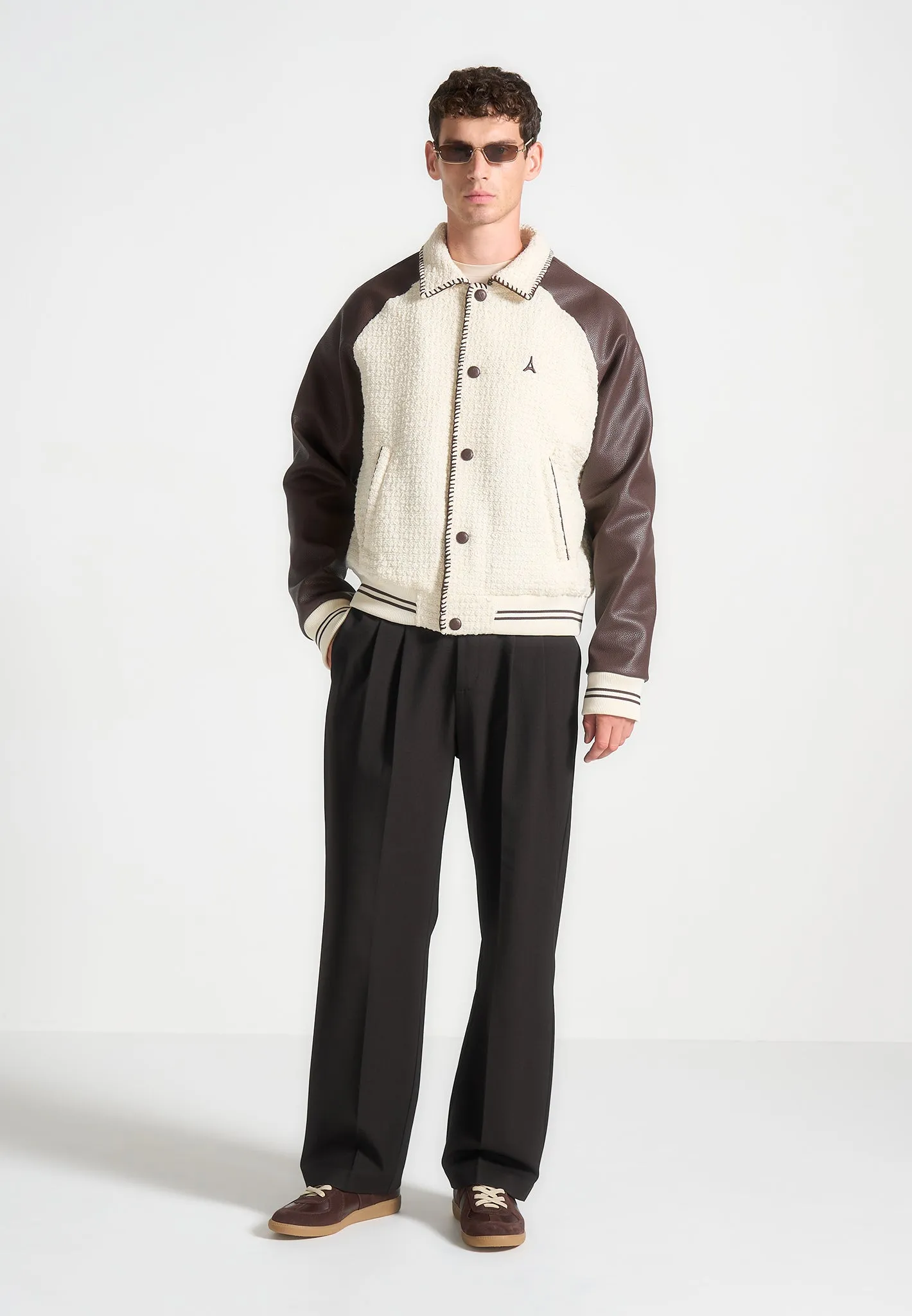 Tweed & Leather Varsity Jacket - Cream/Brown sold by Maniere De Voir