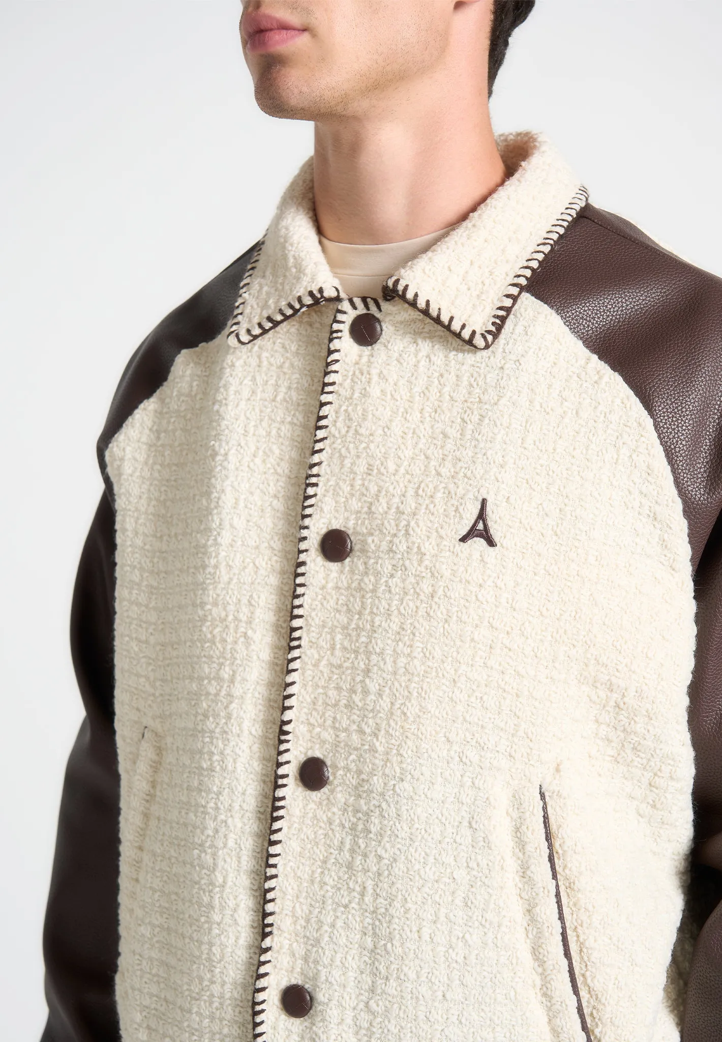 Tweed & Leather Varsity Jacket - Cream/Brown sold by Maniere De Voir product image thumbnail 2
