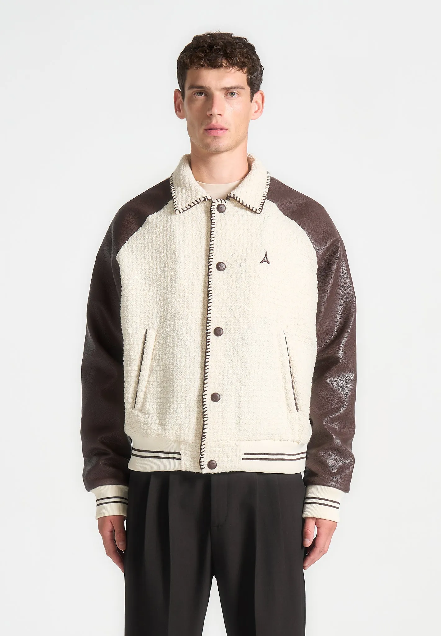 Tweed & Leather Varsity Jacket - Cream/Brown sold by Maniere De Voir product image thumbnail 3