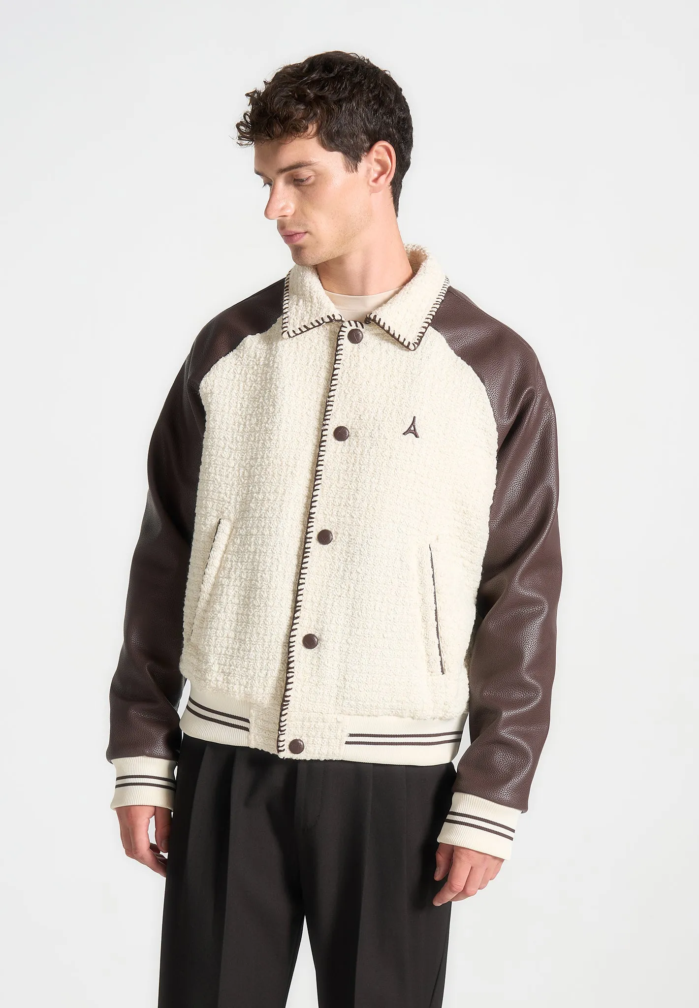 Tweed & Leather Varsity Jacket - Cream/Brown sold by Maniere De Voir product image thumbnail 4