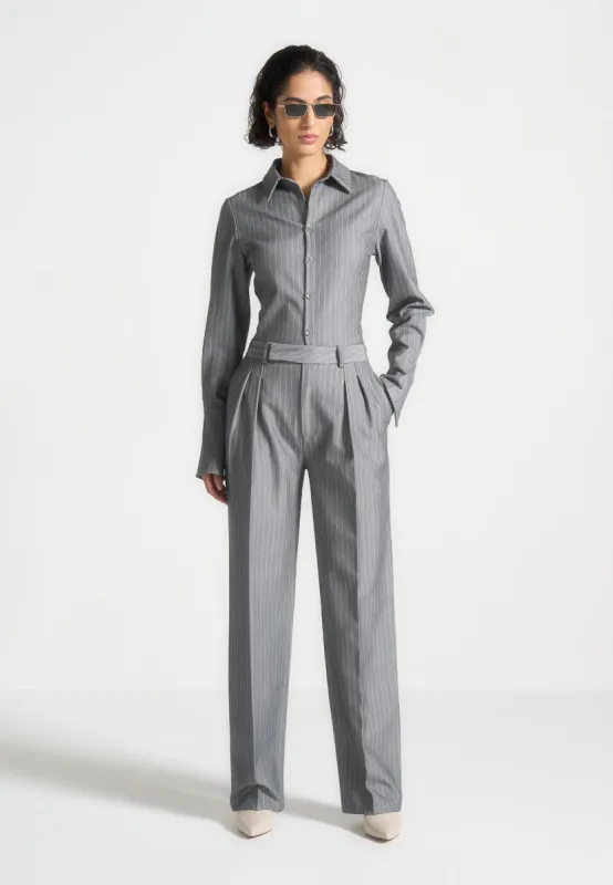 Julie - Pinstripe Twin Pleat Tailored Trousers - Grey made by Maniere De Voir