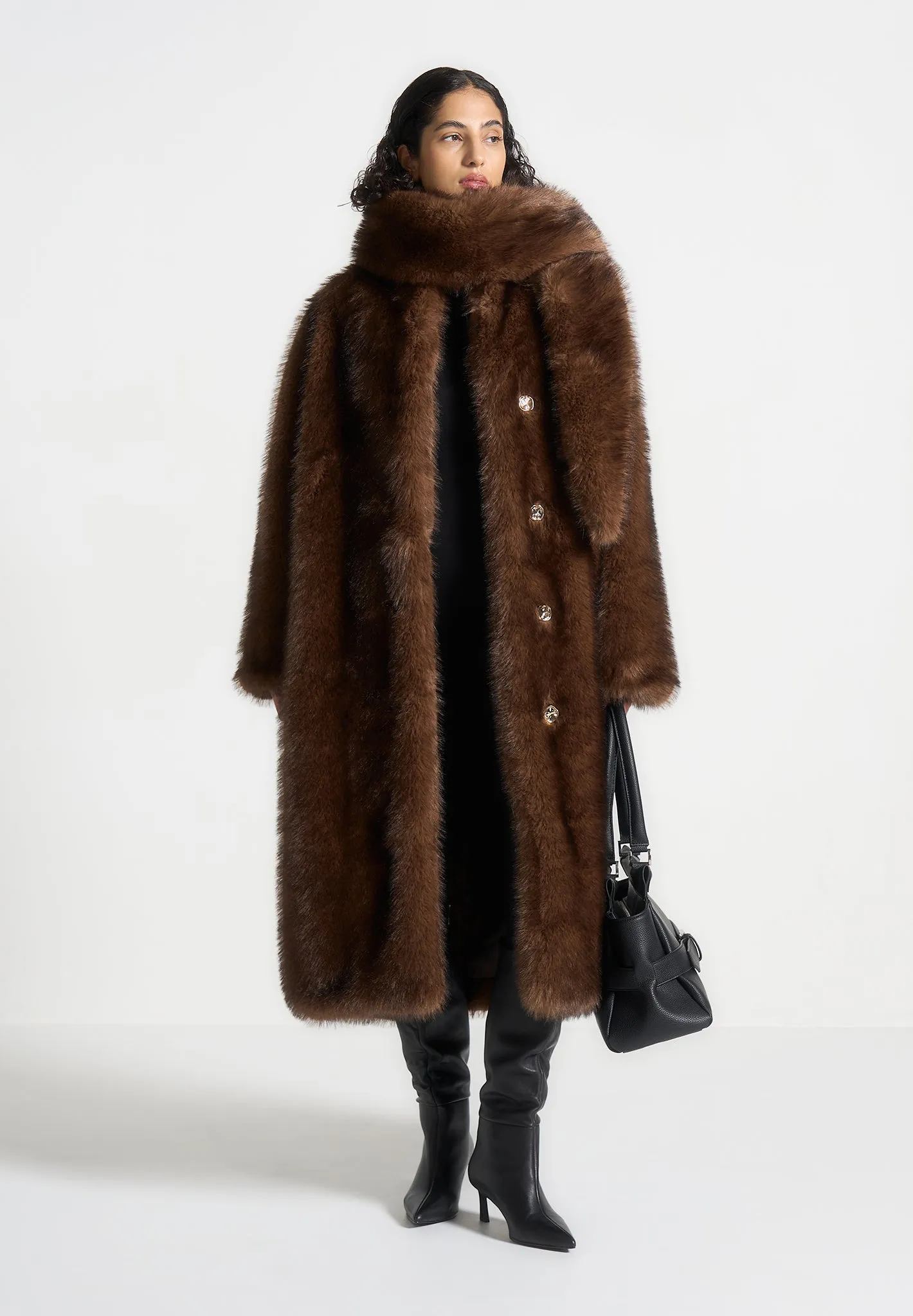 Fur Oversized Coat with Scarf - Brown sold by Maniere De Voir product image thumbnail 3
