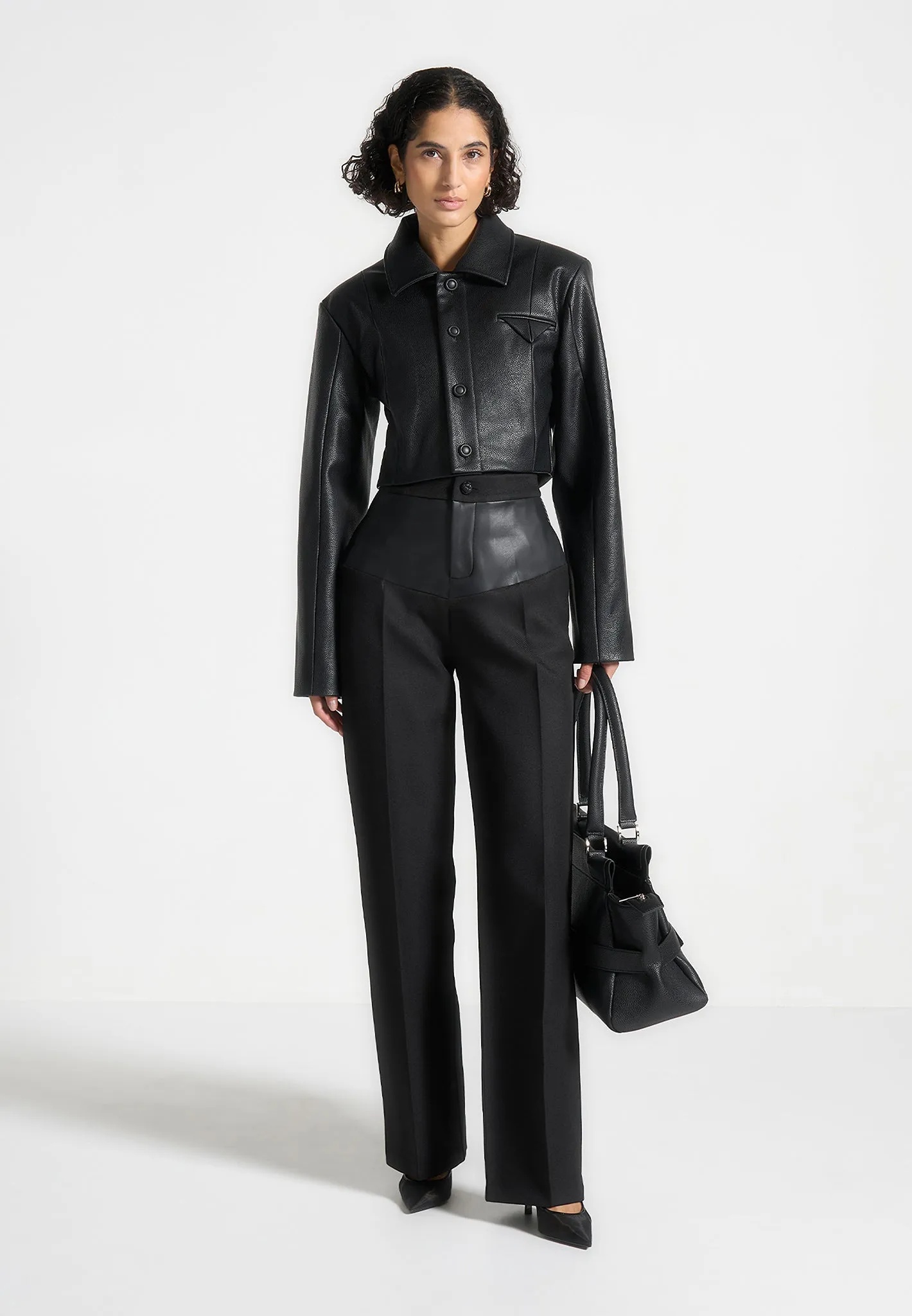 Wide Shoulder Pebbled Leather Jacket - Black sold by Maniere De Voir product image thumbnail 2