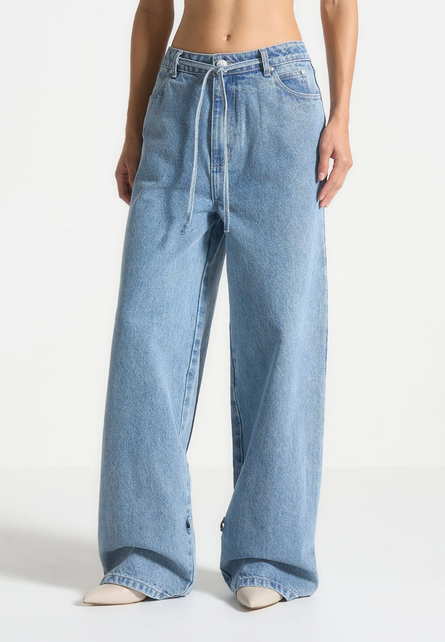 Faye - Wide Mid Rise Jeans with Tie Waist - Mid Blue sold by Maniere De Voir product image thumbnail 4