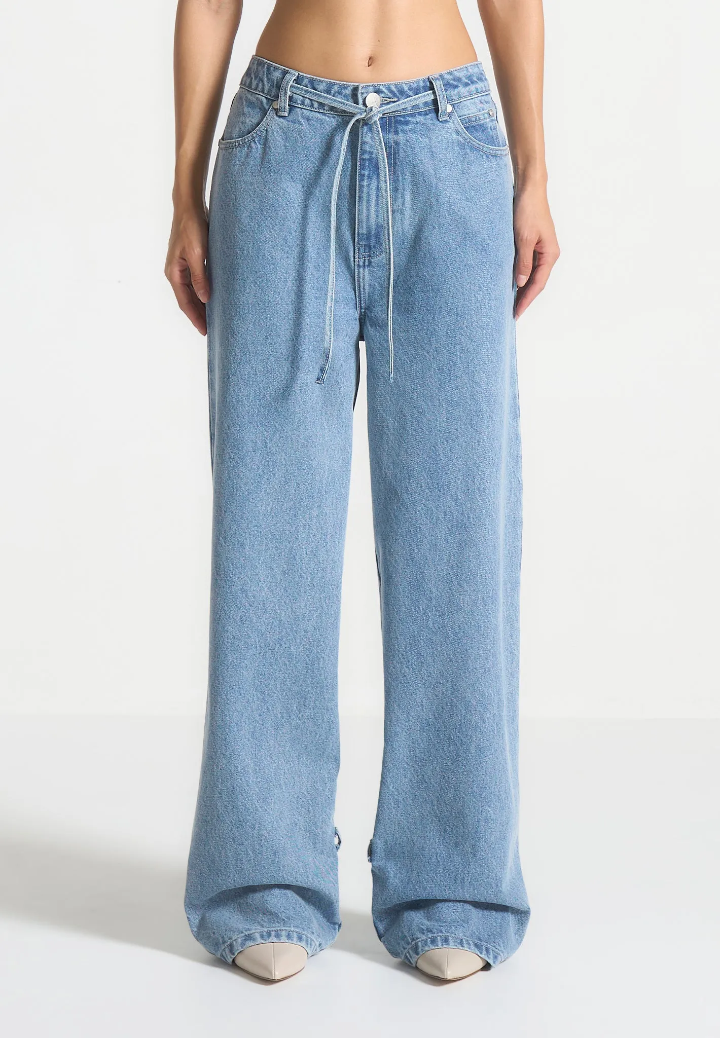Faye - Wide Mid Rise Jeans with Tie Waist - Mid Blue sold by Maniere De Voir product image thumbnail 2