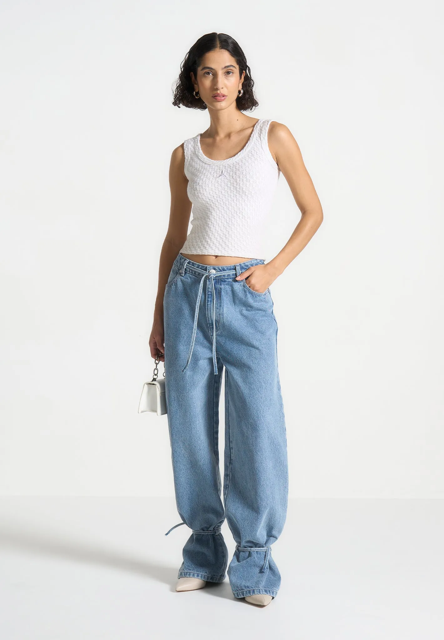 Faye - Wide Mid Rise Jeans with Tie Waist - Mid Blue sold by Maniere De Voir