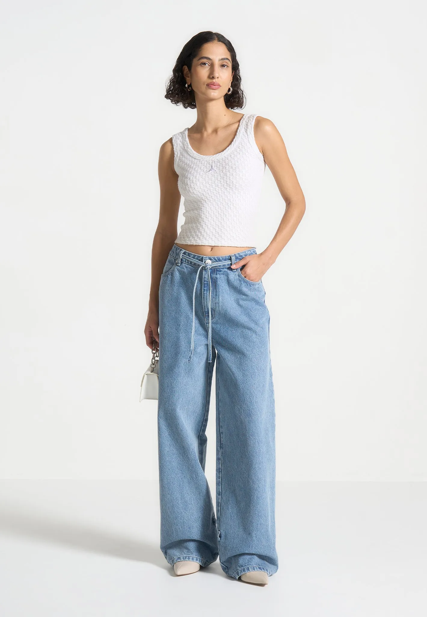 Faye - Wide Mid Rise Jeans with Tie Waist - Mid Blue sold by Maniere De Voir product image thumbnail 3