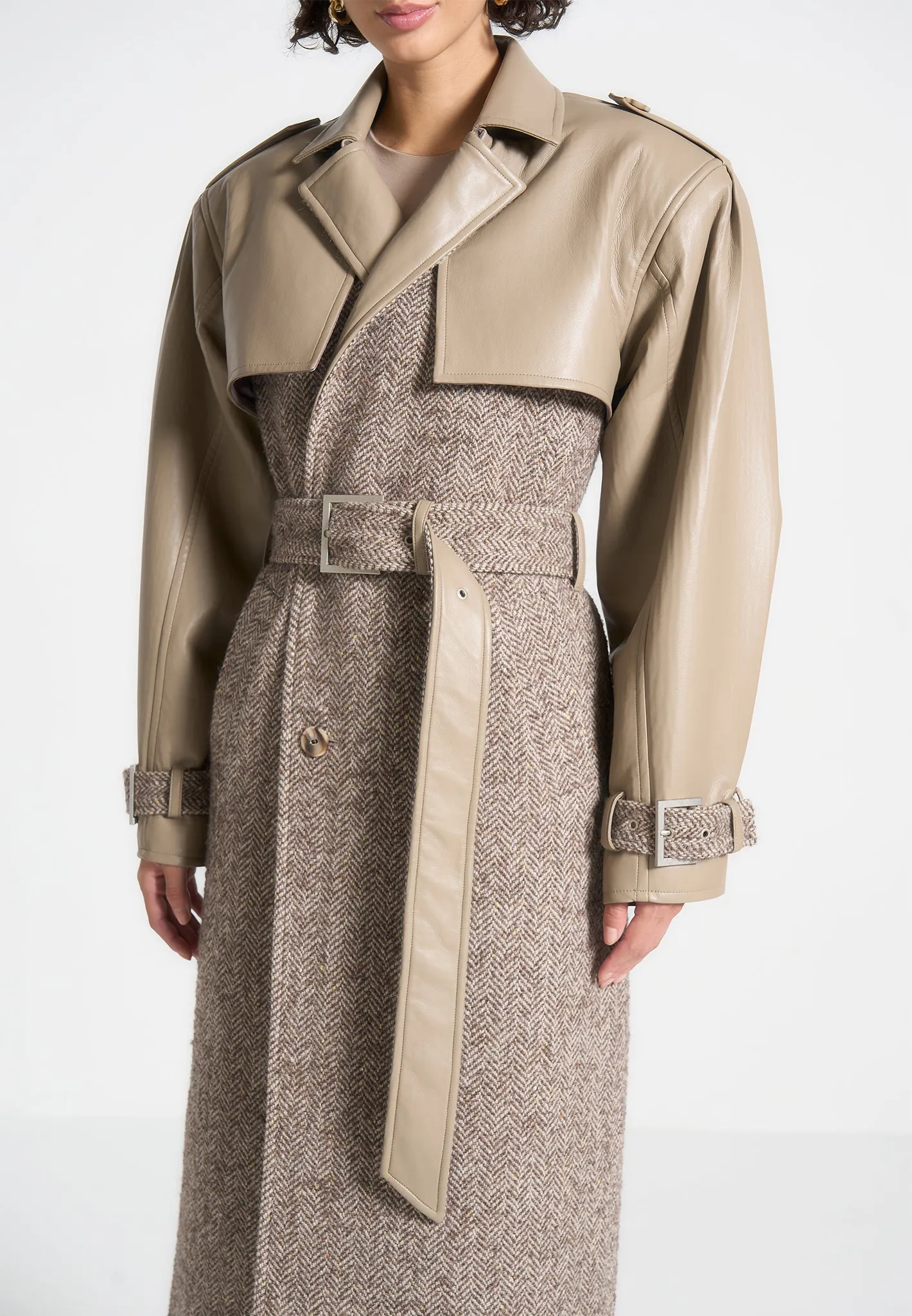 Carina - Herringbone Wool & Leather Trench Coat - Taupe sold by Maniere De Voir product image thumbnail 2