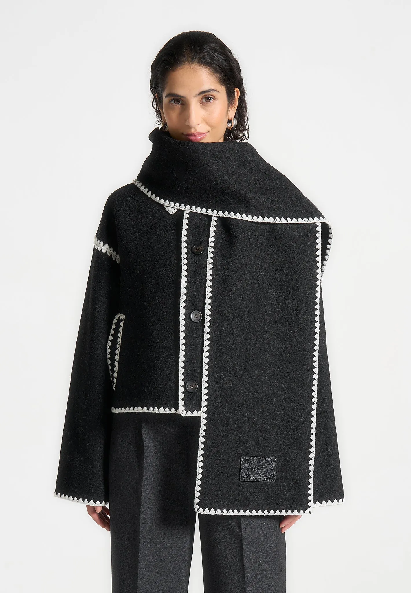 Manel - Wool Blanket Stitch Jacket with Scarf - Black sold by Maniere De Voir product image thumbnail 4