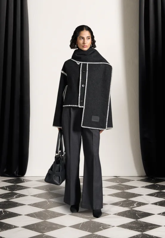 Manel - Wool Blanket Stitch Jacket with Scarf - Black sold by Maniere De Voir