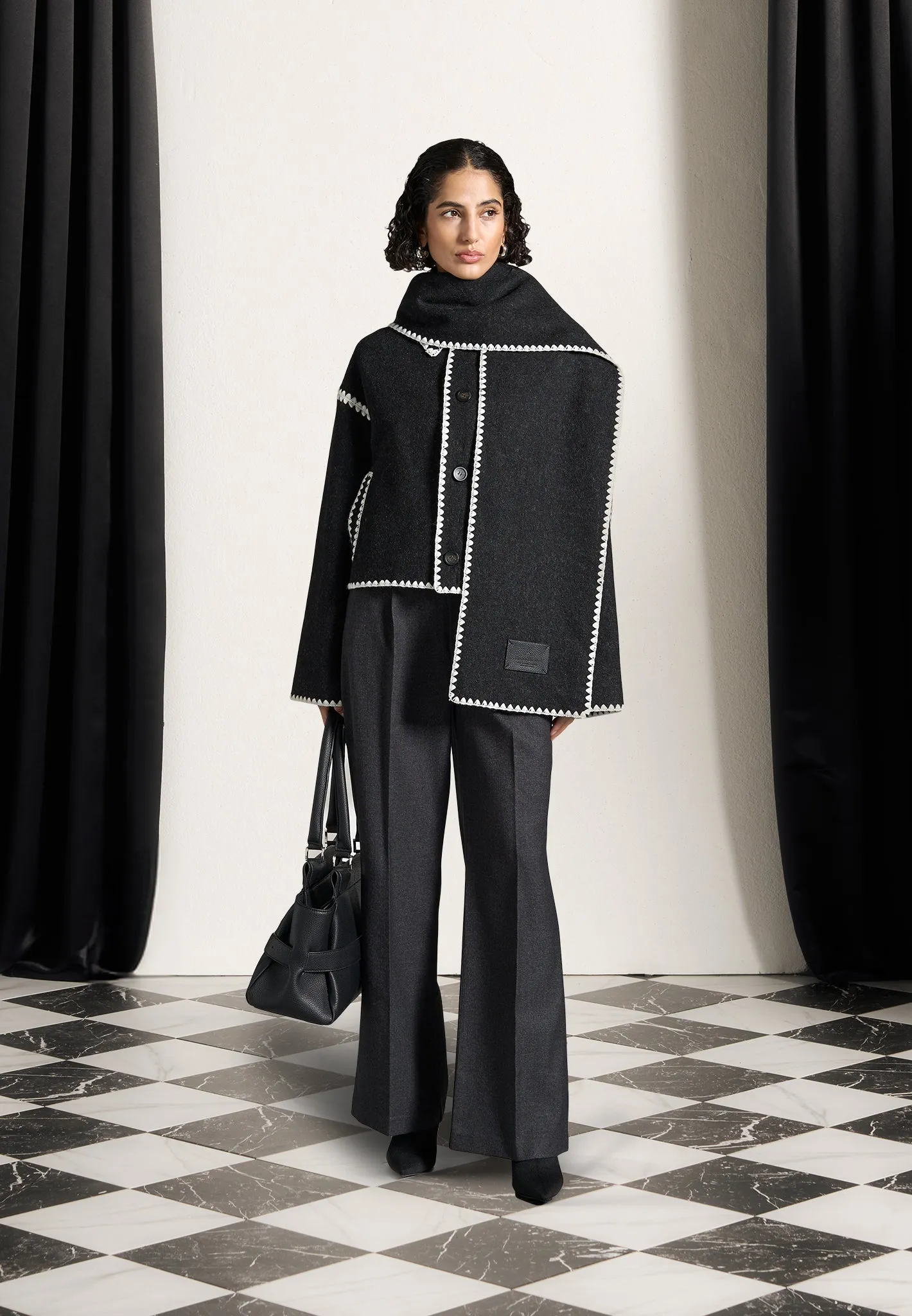 Manel - Wool Blanket Stitch Jacket with Scarf - Black sold by Maniere De Voir