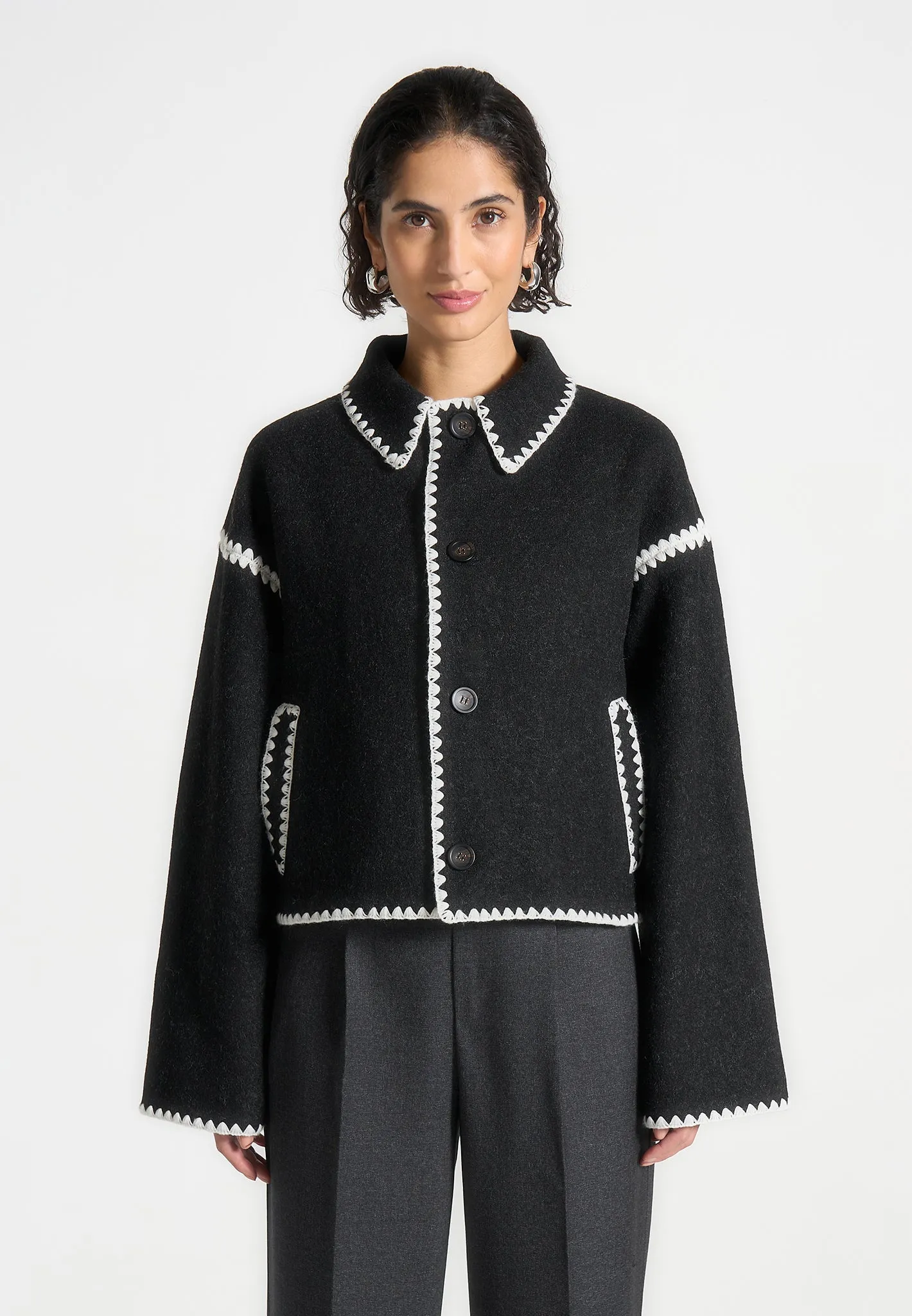Manel - Wool Blanket Stitch Jacket with Scarf - Black sold by Maniere De Voir product image thumbnail 2