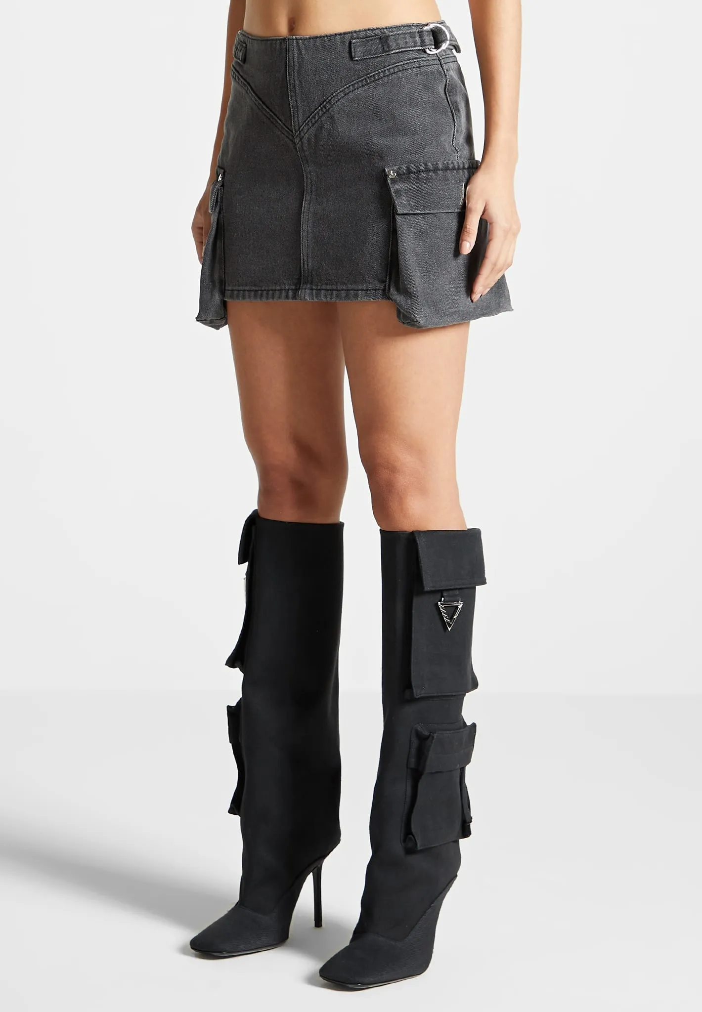Denim Cargo Mini Skirt - Washed Black sold by Maniere De Voir product image thumbnail 4