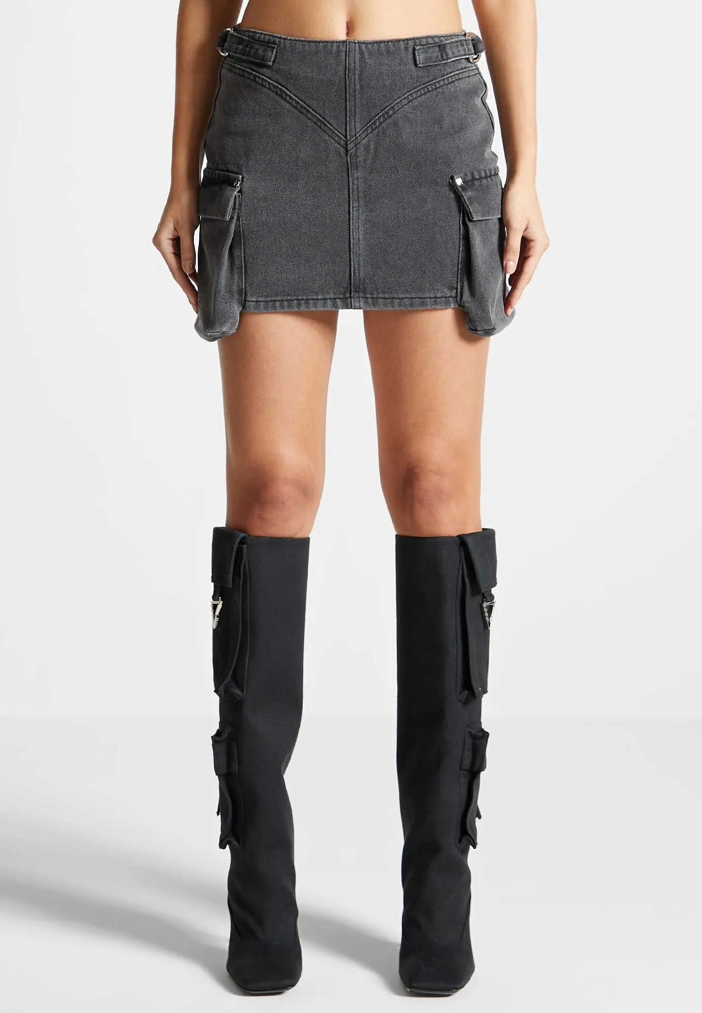 Denim Cargo Mini Skirt - Washed Black sold by Maniere De Voir