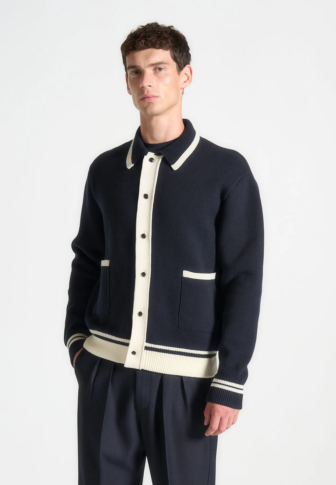 Julien - Classic Combed Cotton Knit Cardigan - Navy sold by Maniere De Voir