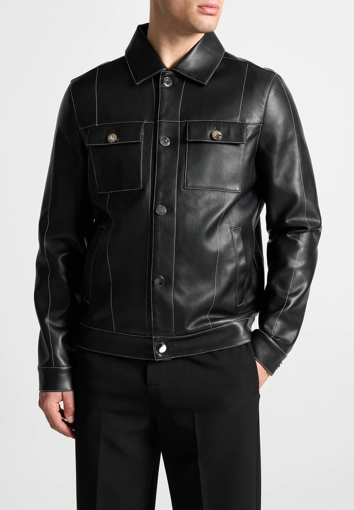 Leather Contrast Stitch Jacket - Black sold by Maniere De Voir product image thumbnail 4