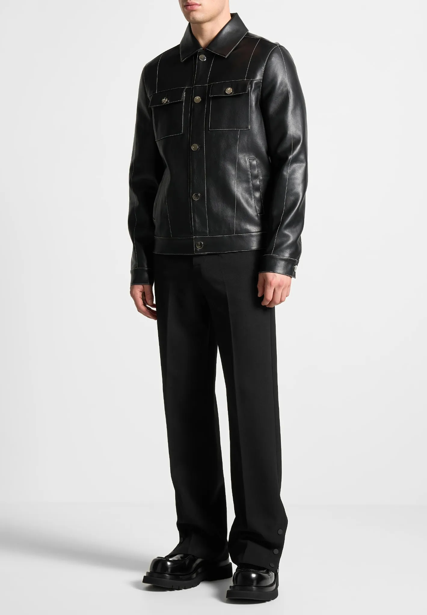 Leather Contrast Stitch Jacket - Black sold by Maniere De Voir product image thumbnail 3