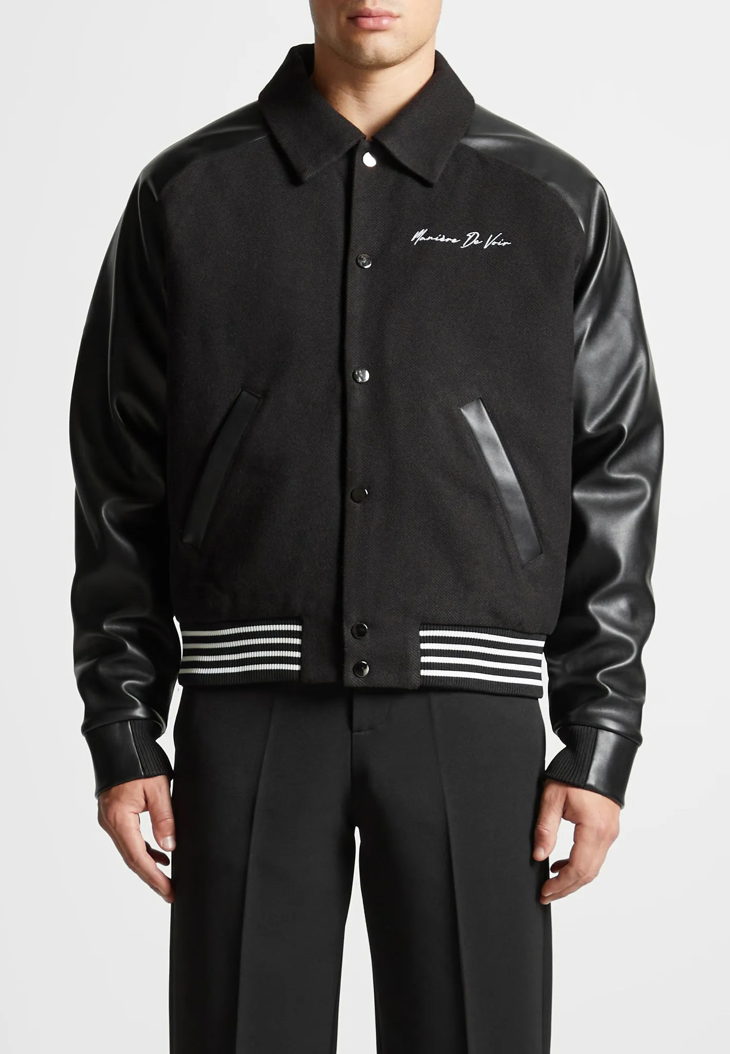 Signature Leather Raglan Varsity Jacket - Black sold by Maniere De Voir product image thumbnail 3