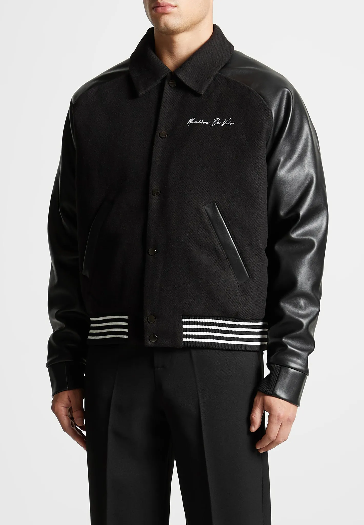 Signature Leather Raglan Varsity Jacket - Black sold by Maniere De Voir product image thumbnail 4