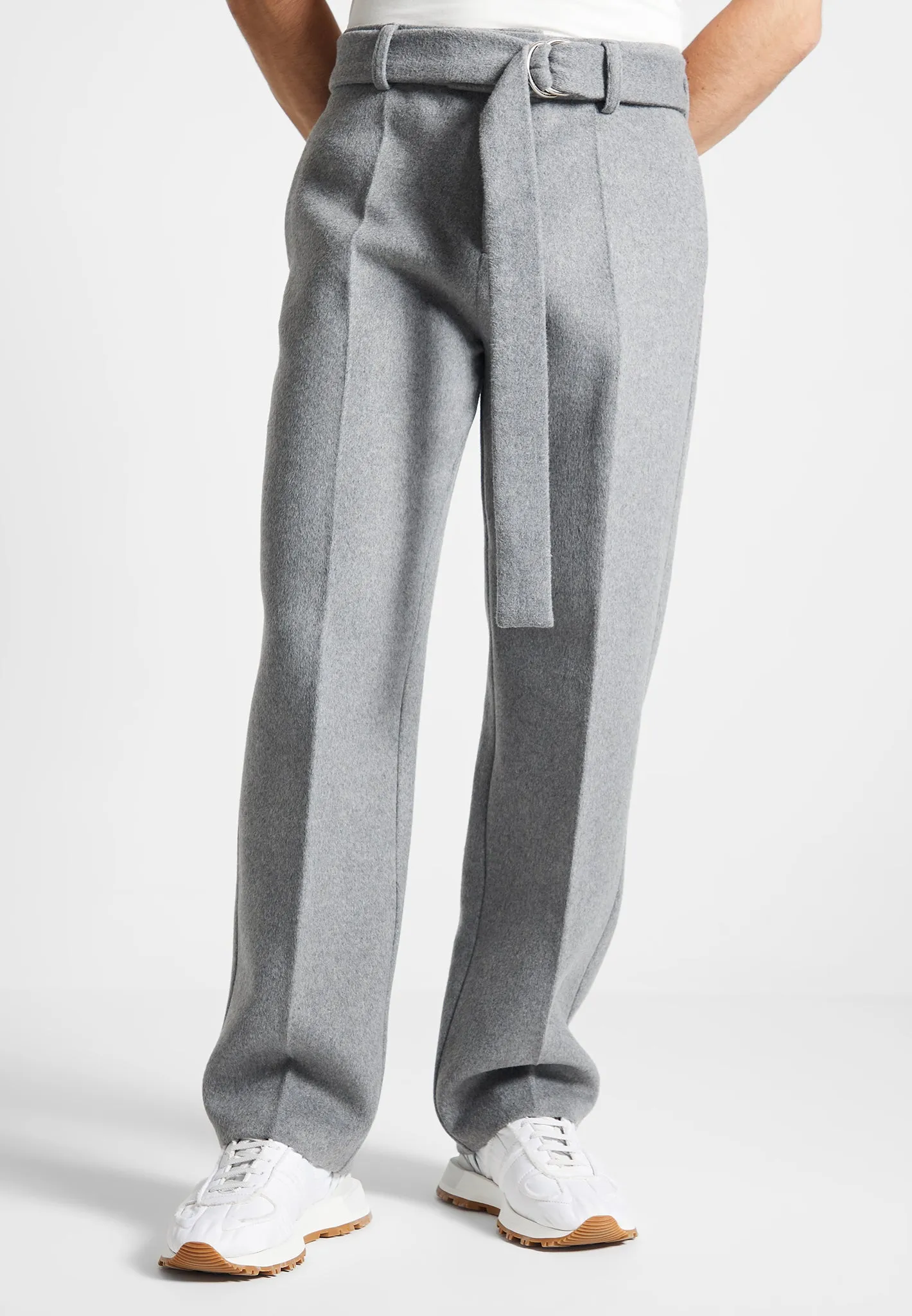 Wool Blend Marl Belted Trousers - Light Grey sold by Maniere De Voir
