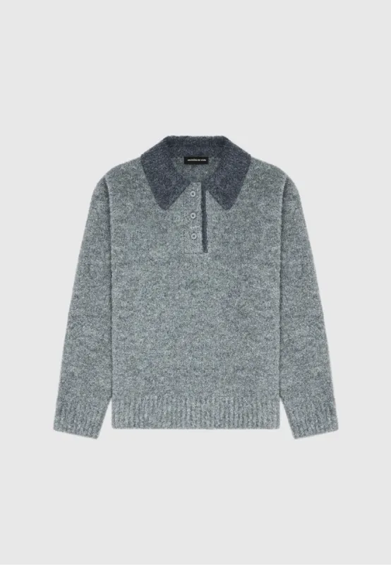 Boucle Knit Contrast Polo Jumper - Grey sold by Maniere De Voir