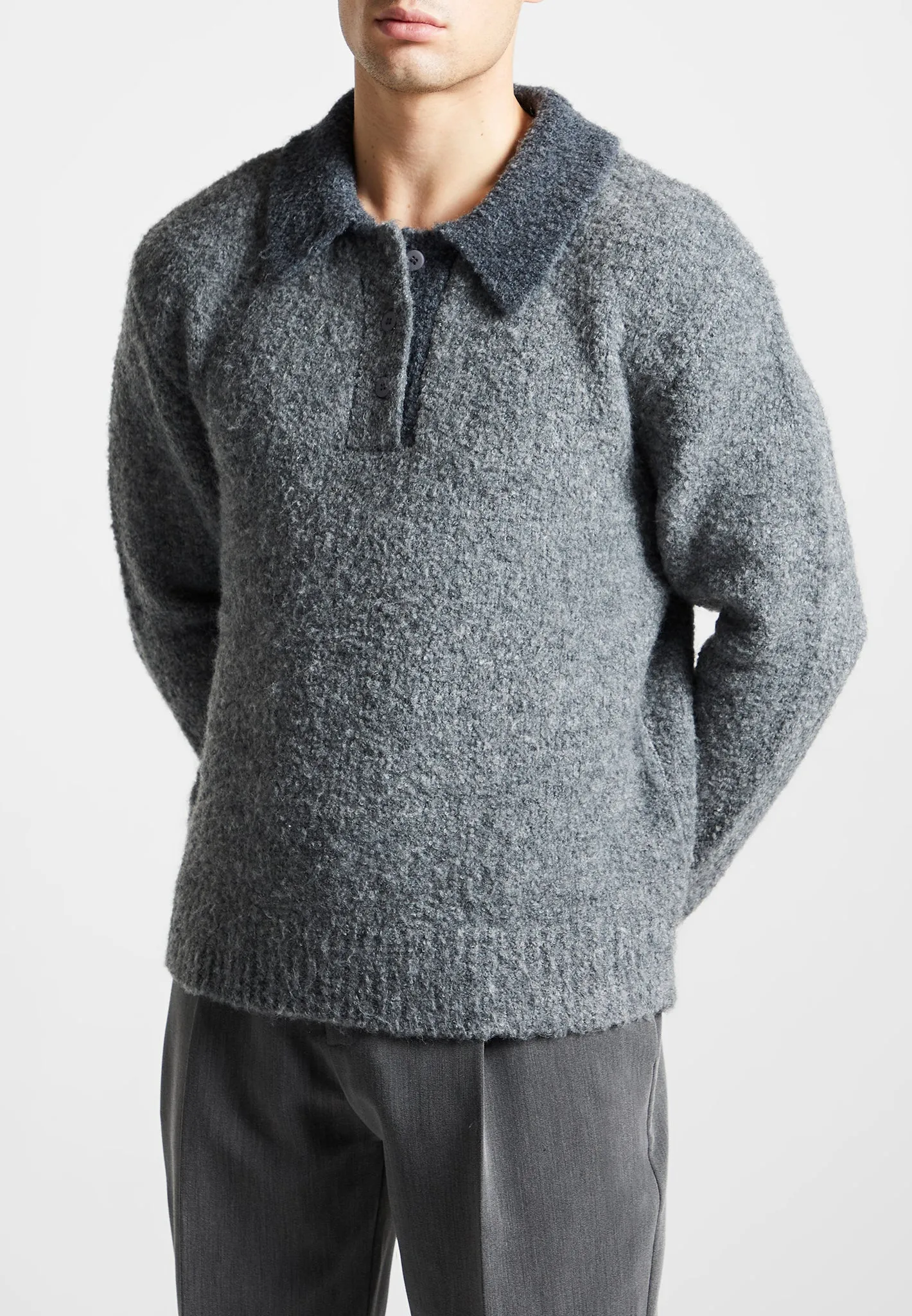 Boucle Knit Contrast Polo Jumper - Grey sold by Maniere De Voir product image thumbnail 4