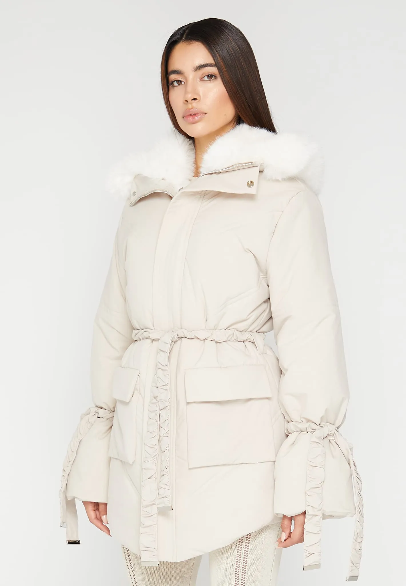 Faux Fur Longline Coat - Beige sold by Maniere De Voir product image thumbnail 3