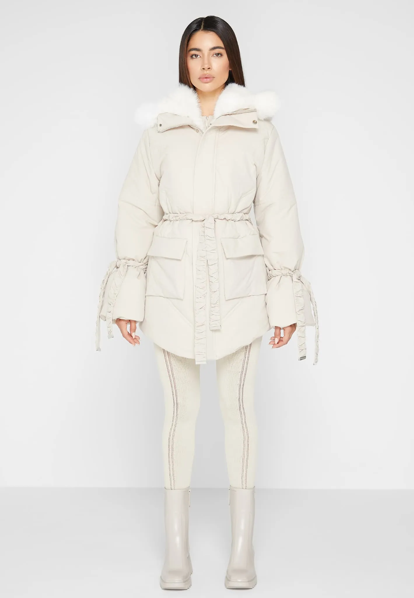 Faux Fur Longline Coat - Beige sold by Maniere De Voir