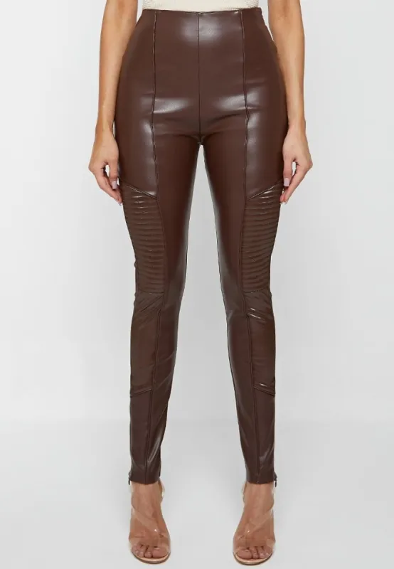 Leather & Patent Ribbed Leggings - Brown sold by Maniere De Voir