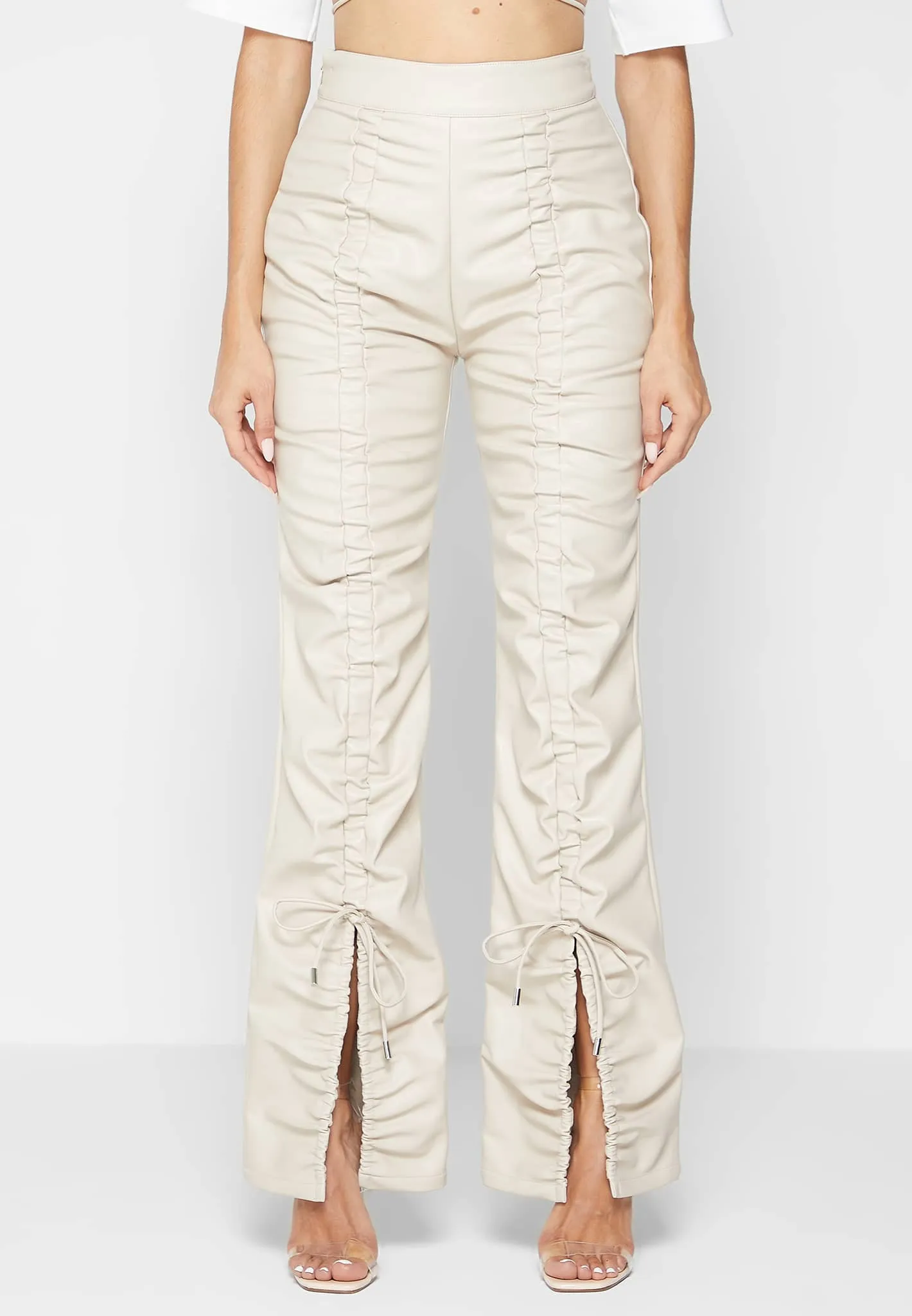 Leather Ruched Trousers - Beige sold by Maniere De Voir