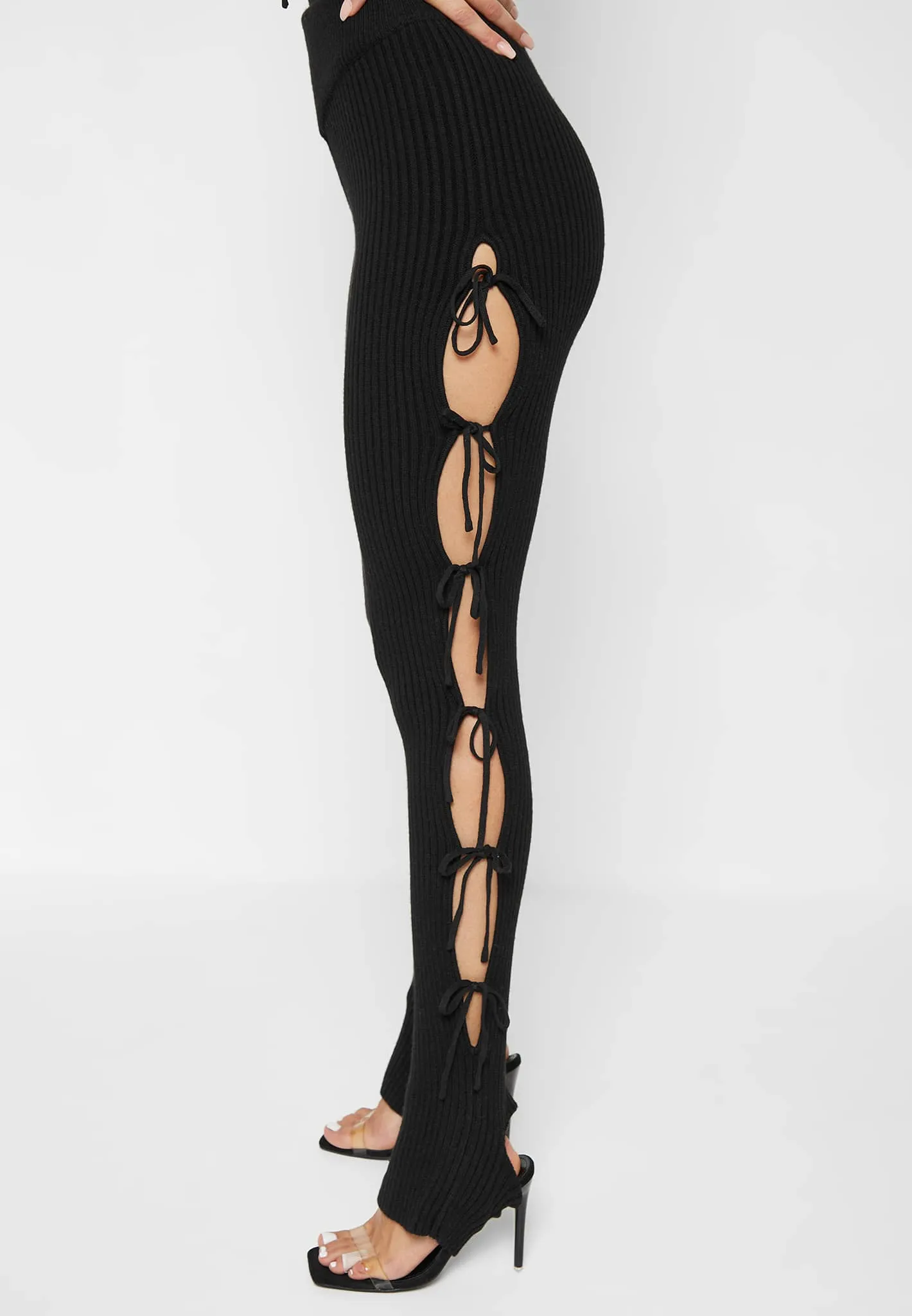 Knitted Lace Up Leggings with Stirrups - Black sold by Maniere De Voir product image thumbnail 5